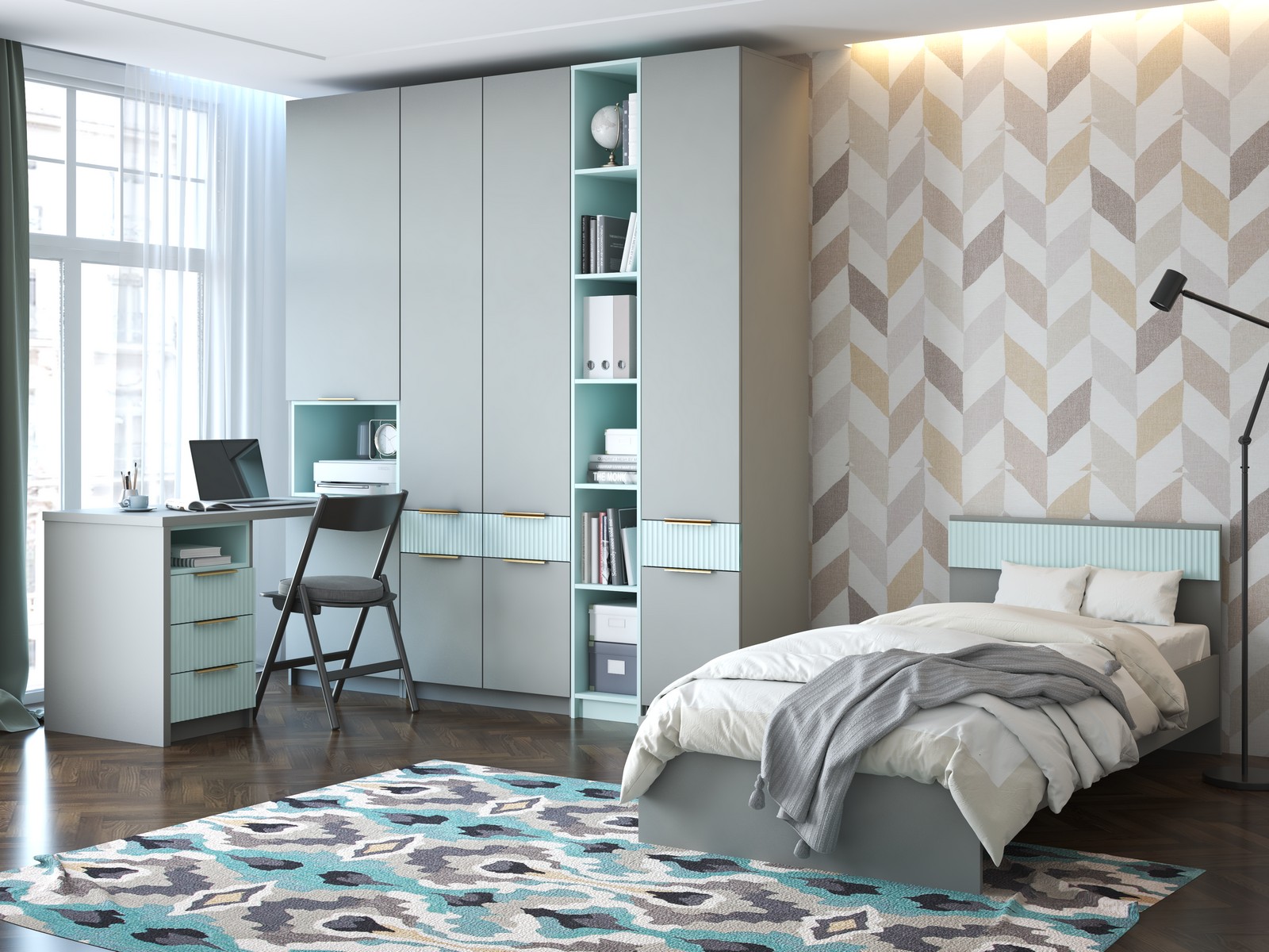 "Джерси" Кровать 900х2000 КР-003 МДФ,Шиншилла Серая/Фасад МДФ-матовая Скай TS 841-SFT (GREENWOOD)