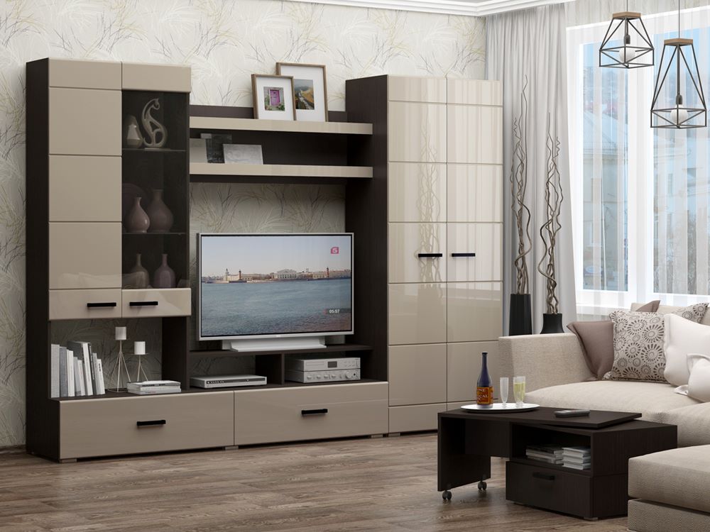 Гостиная "Гамма-17", Латте глянец/Венге