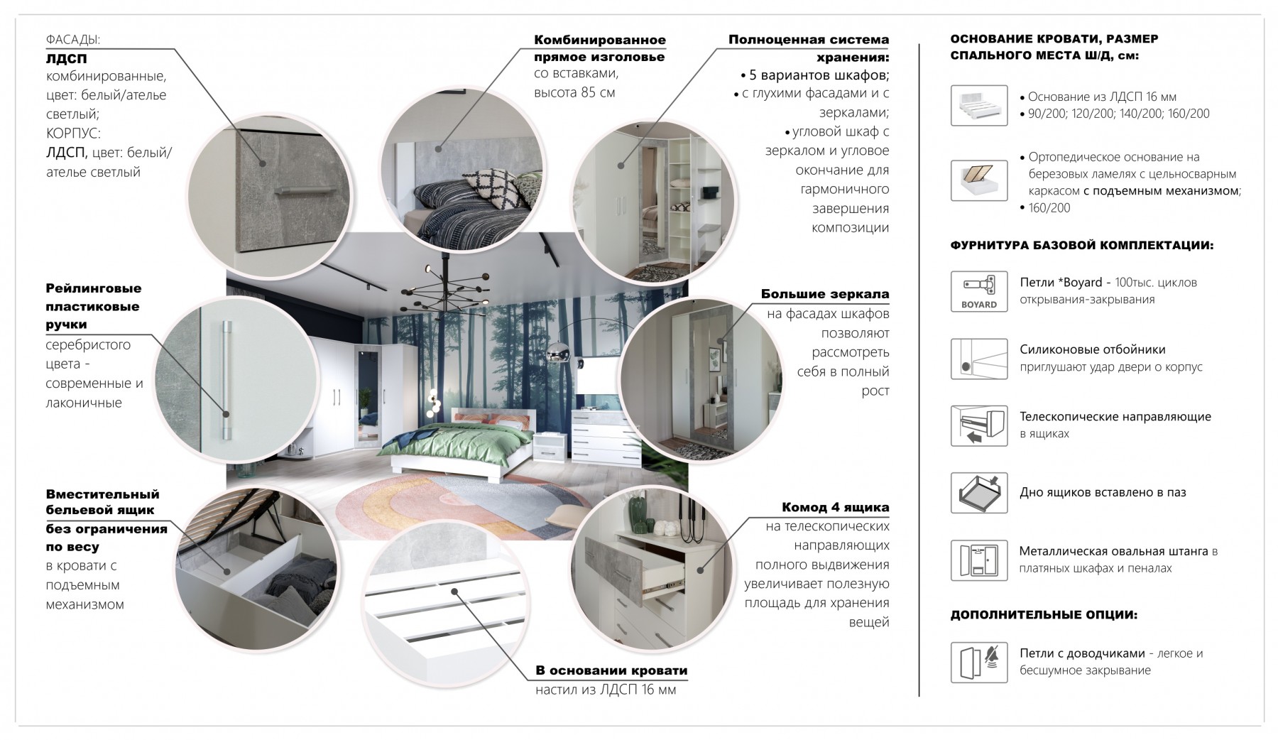 "Спальня Аврора" Кровать 120 со встроенным основанием под матрас, Белый/Ателье светлый
