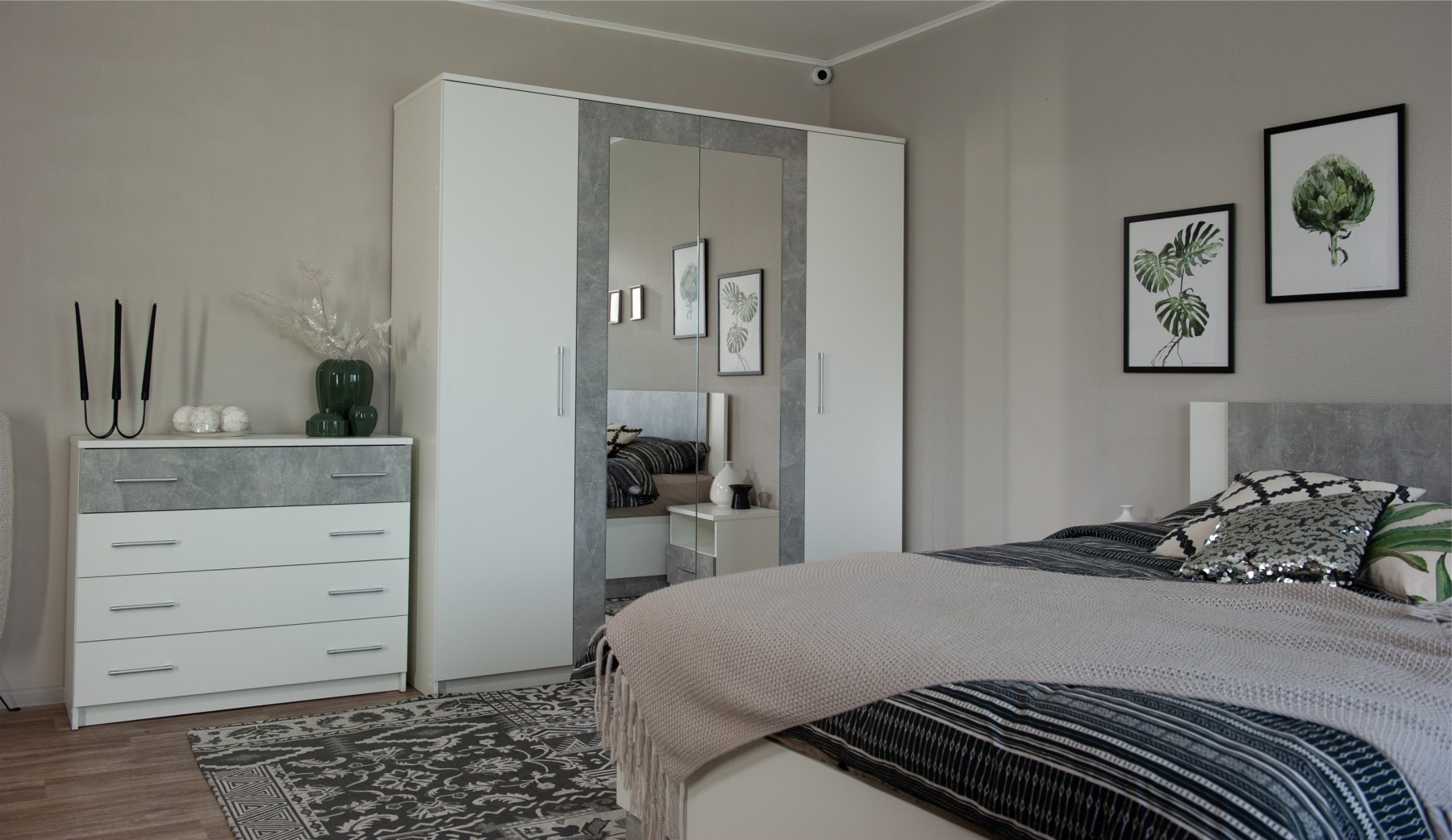 "Спальня Аврора" Шкаф 4-х дверный с зеркалом, Белый/Ателье светлый