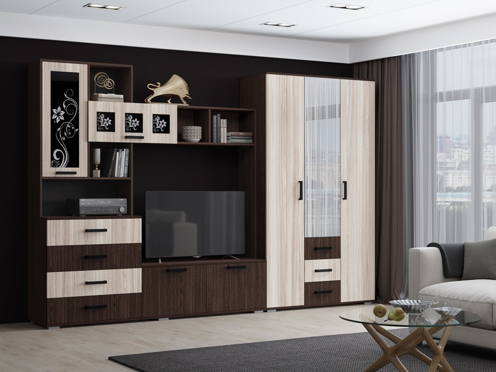 Гостиная "Нота-11 ЛДСП" Центральная секция, Ясень шимо светлый/Венге