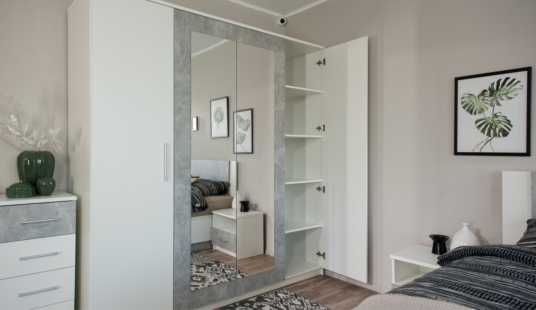 "Спальня Аврора" Шкаф 4-х дверный с зеркалом, Белый/Ателье светлый