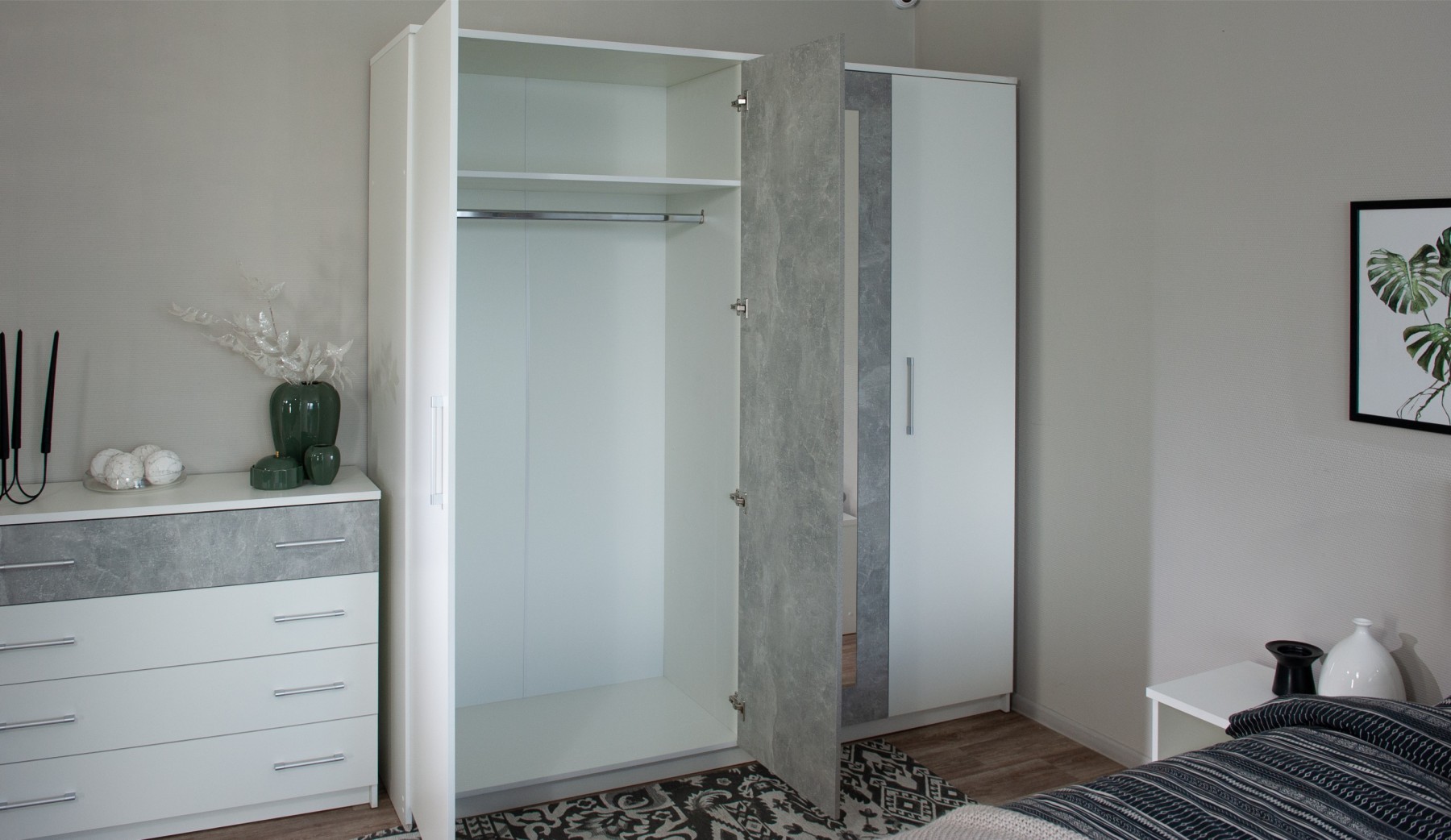 "Спальня Аврора" Шкаф 4-х дверный с зеркалом, Белый/Ателье светлый