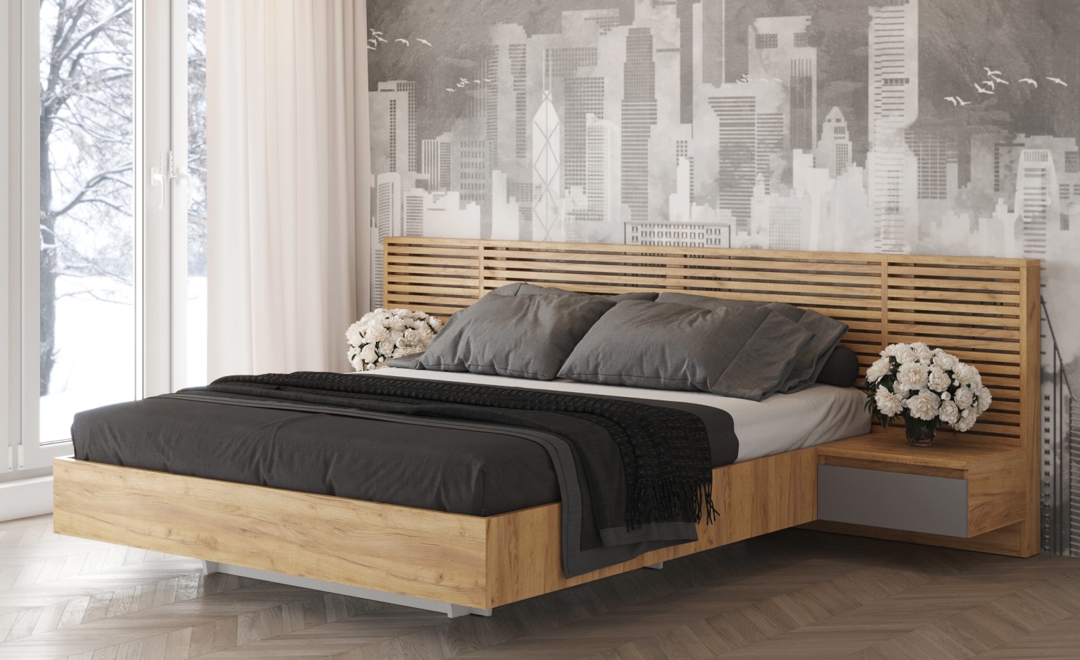 "Бостон" Спальный комплект ЛДСП 1600х2000, Корпус-Дуб Крафт золотой Фасад ЛДСП-Серый Шифер