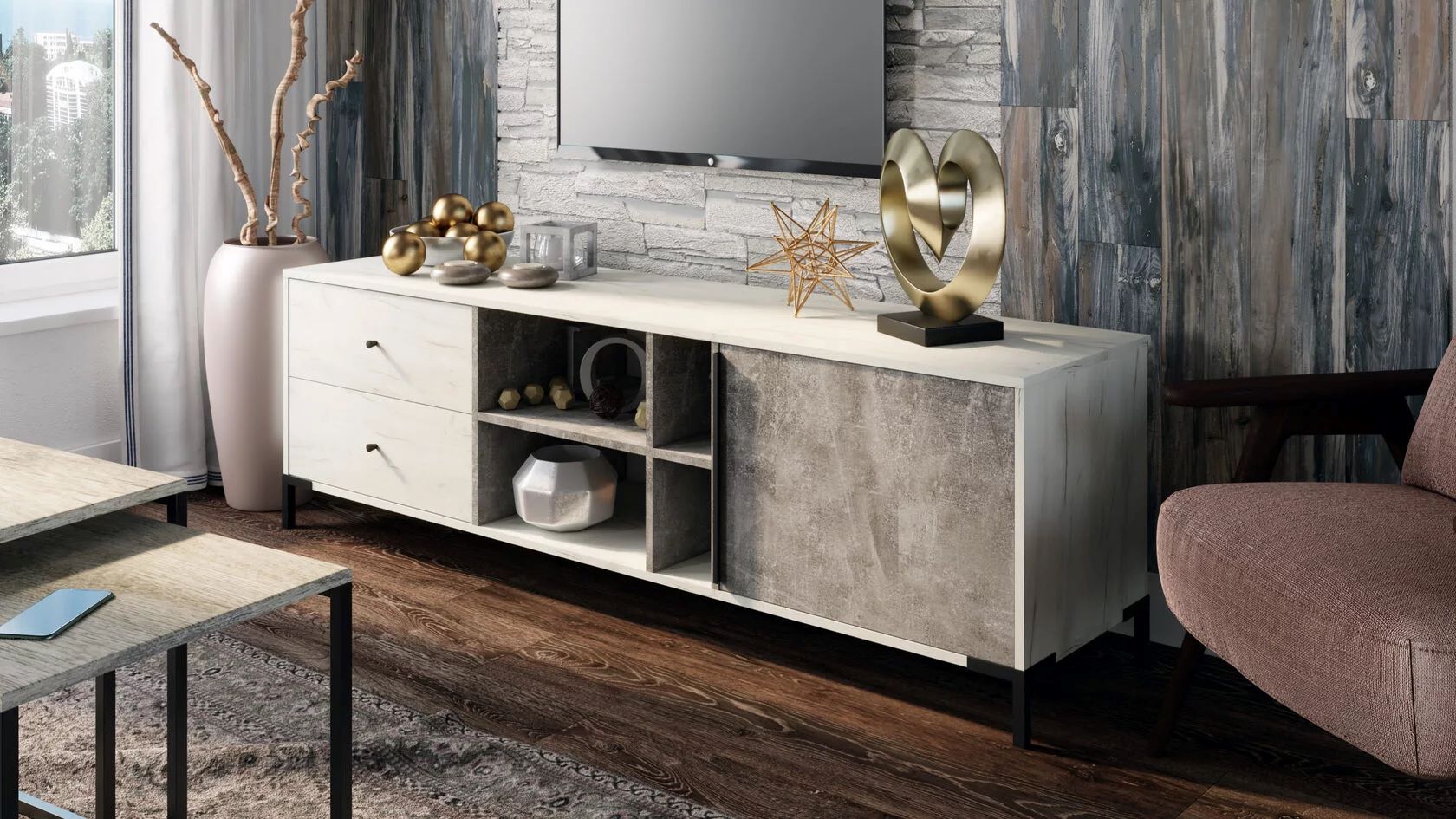 "Лофт" Тумба TV, дуб крафт белый/ателье светлый