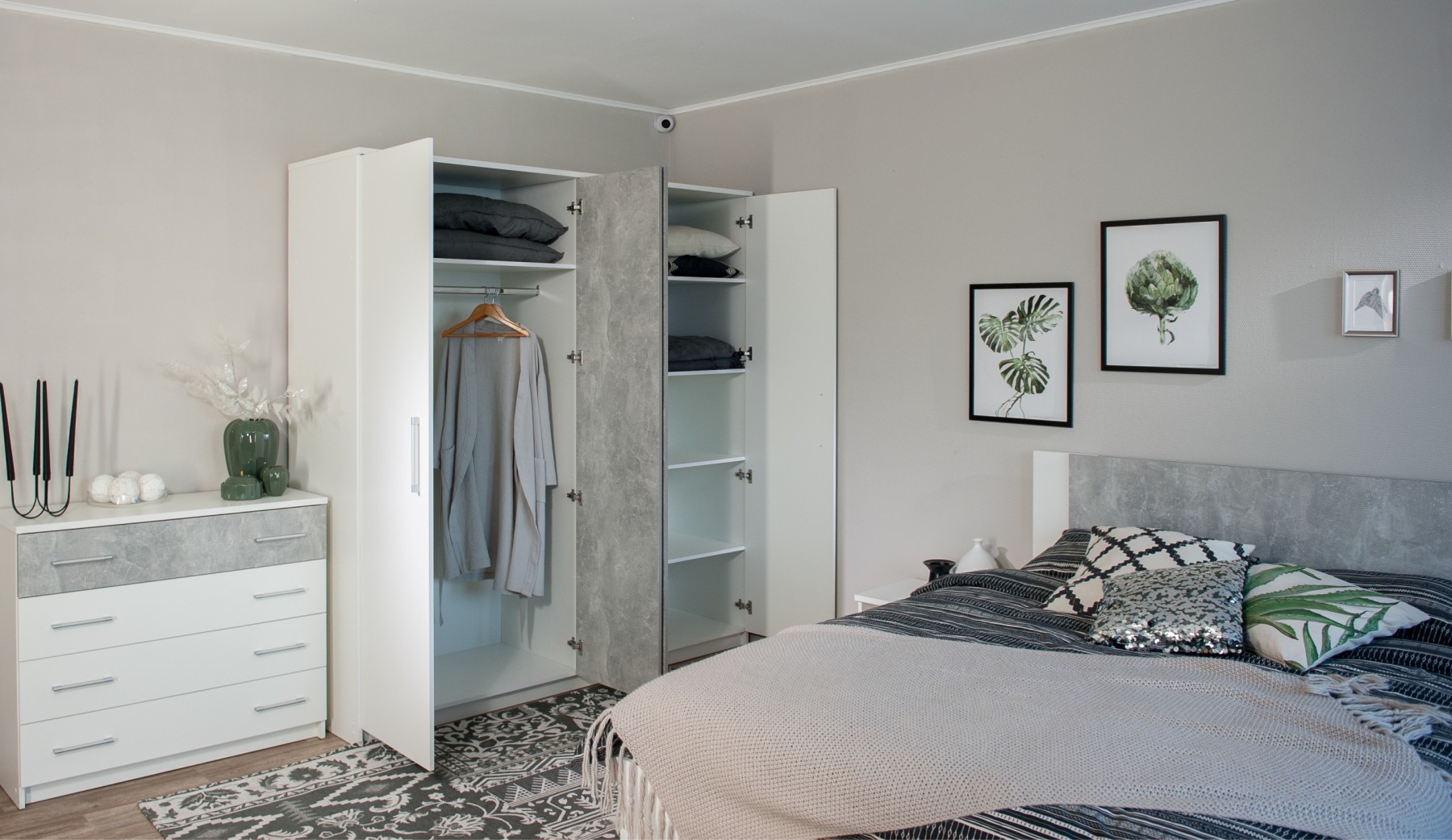 "Спальня Аврора" Шкаф 4-х дверный с зеркалом, Белый/Ателье светлый