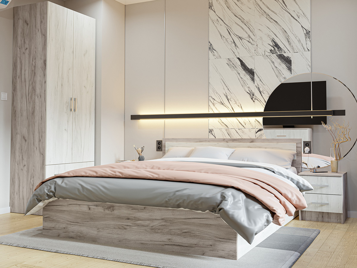 "Гармония" Кровать 1400 КР 605 с ящиками, Дуб Крафт серый/Дуб Крафт белый